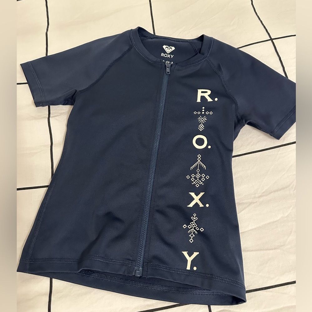 Roxy Girls Size Small Navy Blue and White Zip Up Knit Rash Guard